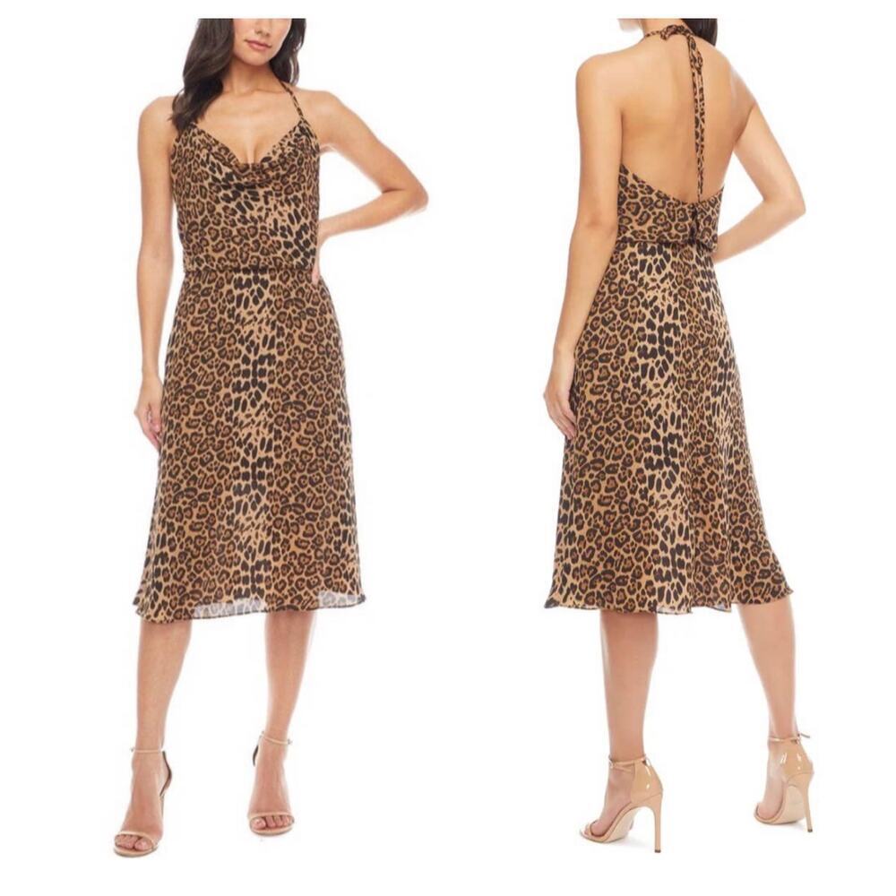 Dress The Population Zherra Leopard Print Cowl Neck Halter Dress Size S NWOT